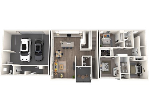 A series of three images showing different layouts of a small apartment.